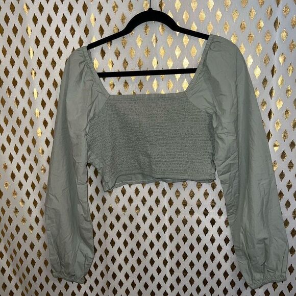 Cotton on light moss green linen cotton peasant top crop top smocked corset styl - Picture 3 of 6
